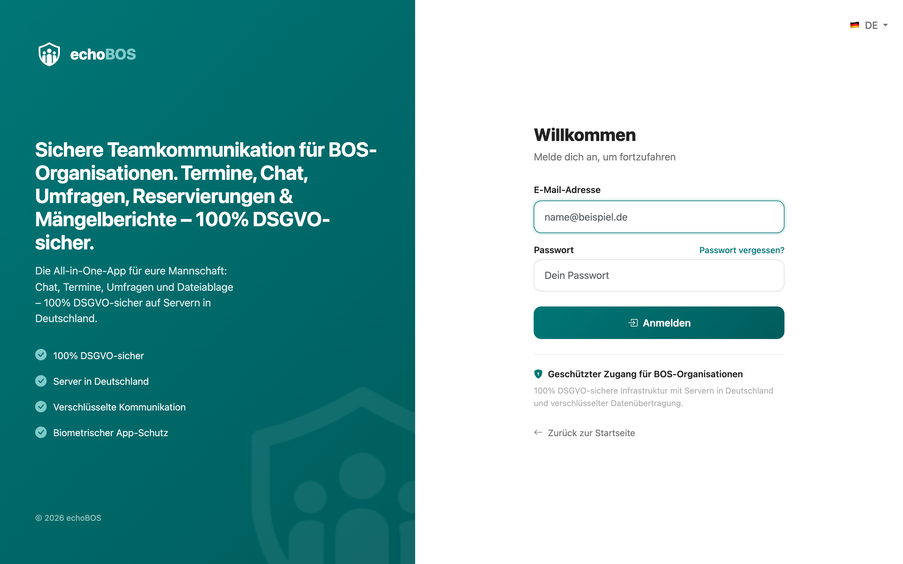 Login-Seite mit E-Mail- und Passwort-Feldern