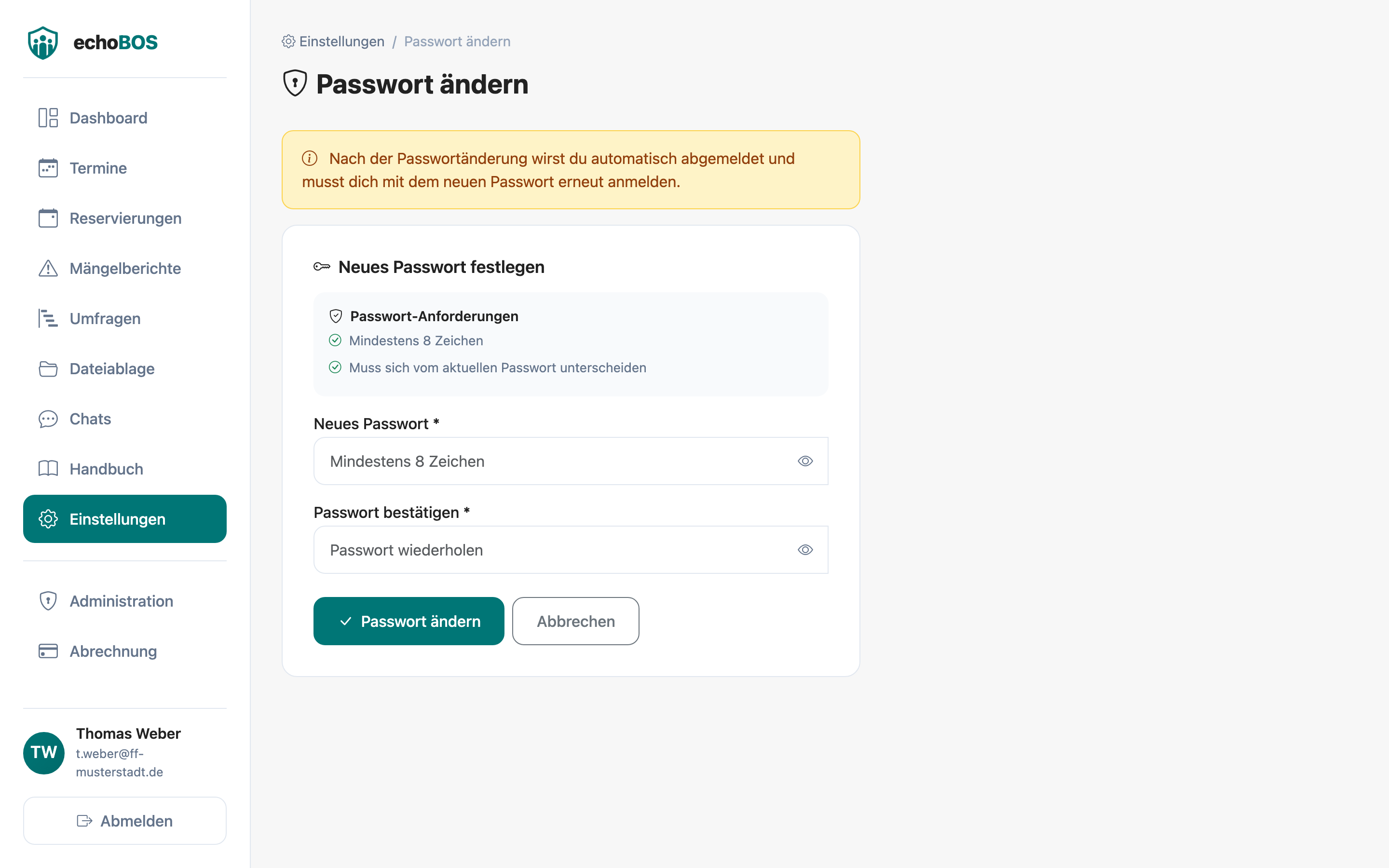 Bereich „Passwort ändern