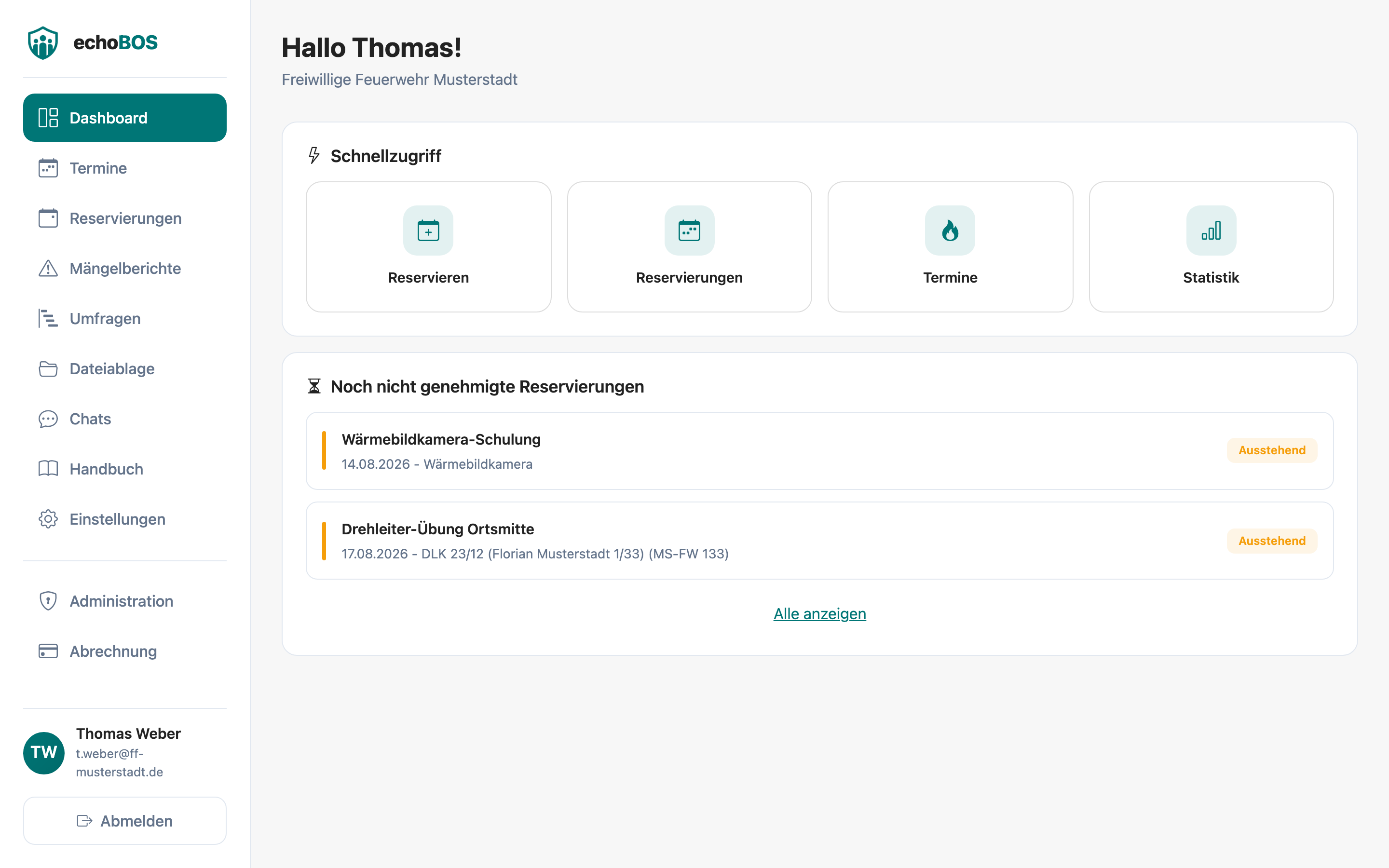Dashboard — Gesamtübersicht mit allen Widgets und Modulkarten
