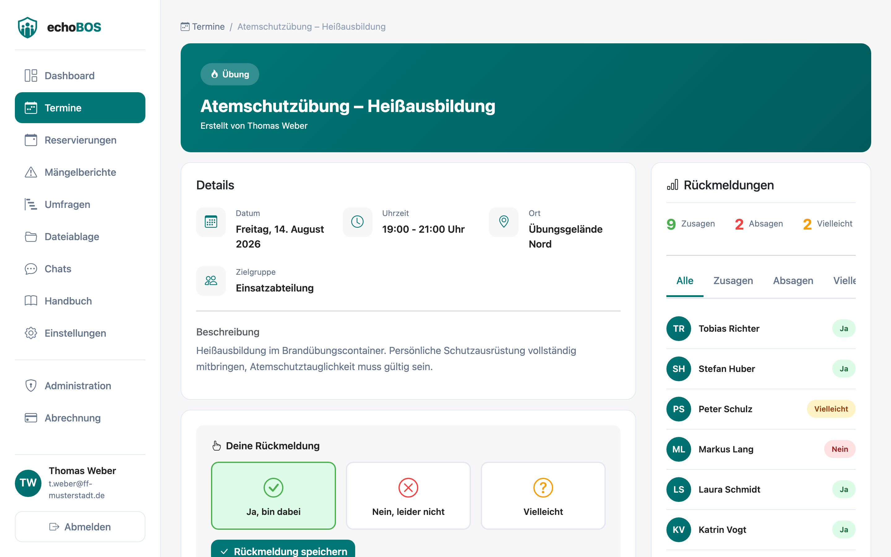 Termin-Detailansicht mit Antwort-Buttons und Teilnehmerübersicht