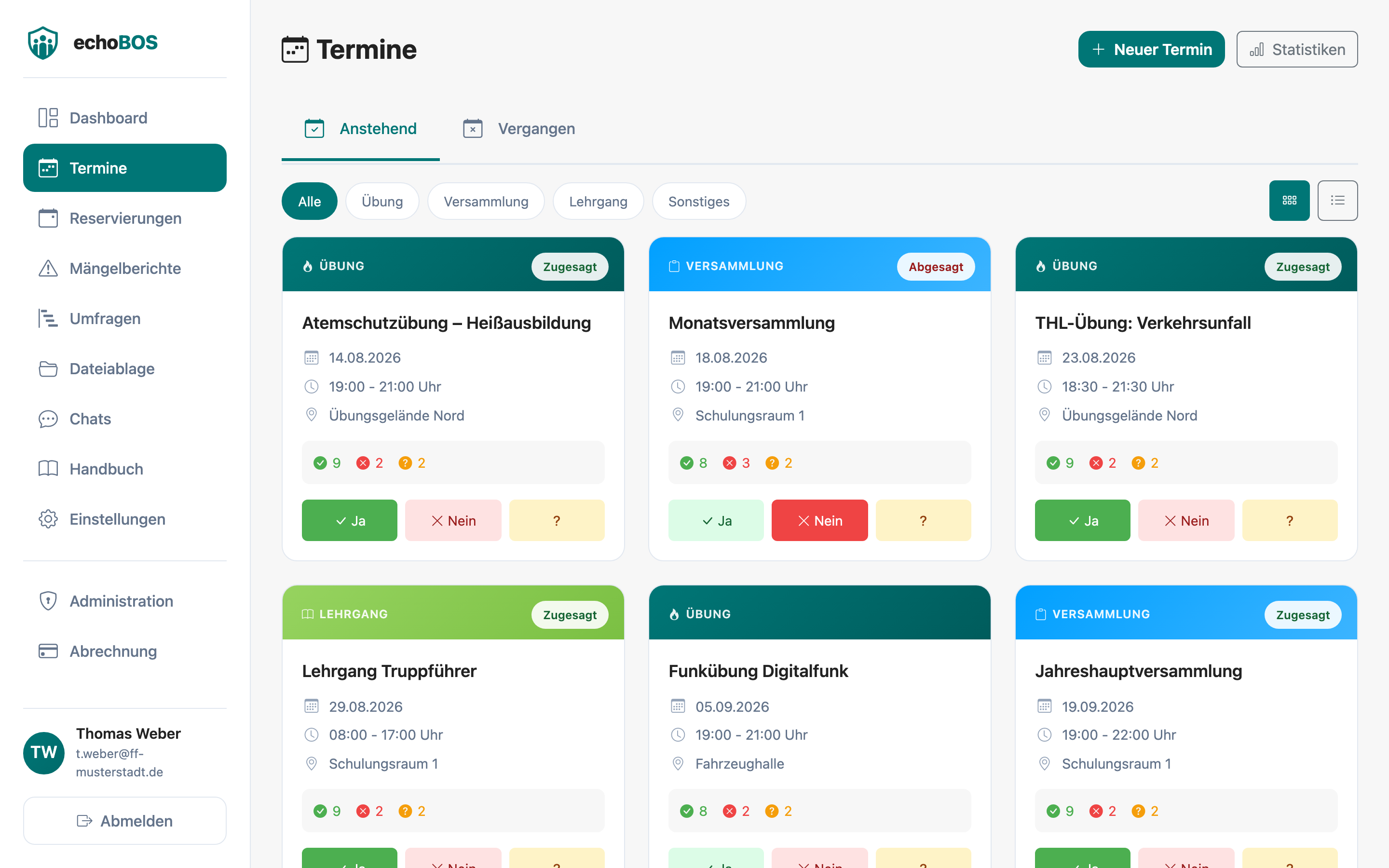 Terminübersicht mit Filterleiste und Terminliste
