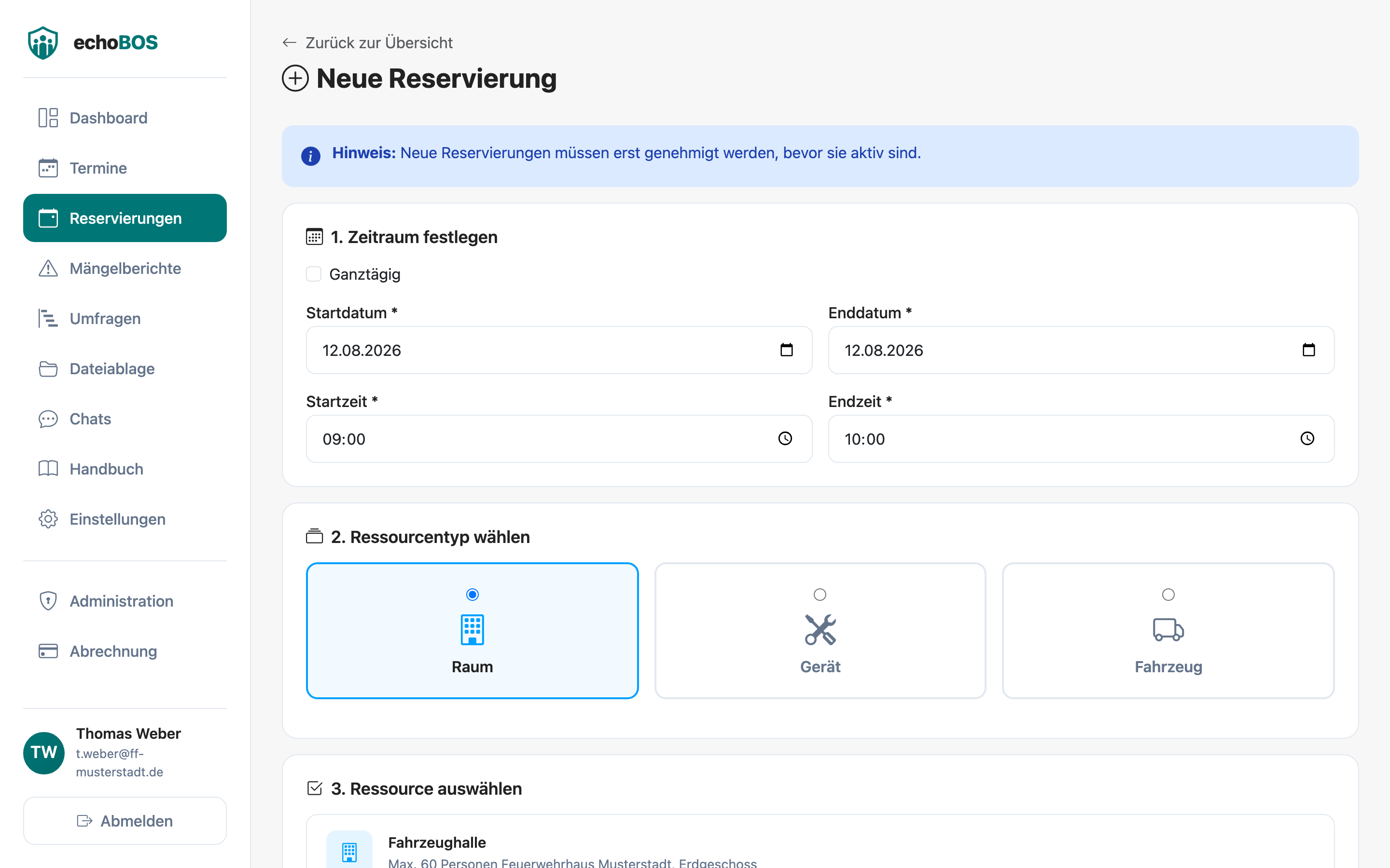Formular zum Erstellen einer neuen Reservierung mit Ressourcenauswahl und Zeitraum