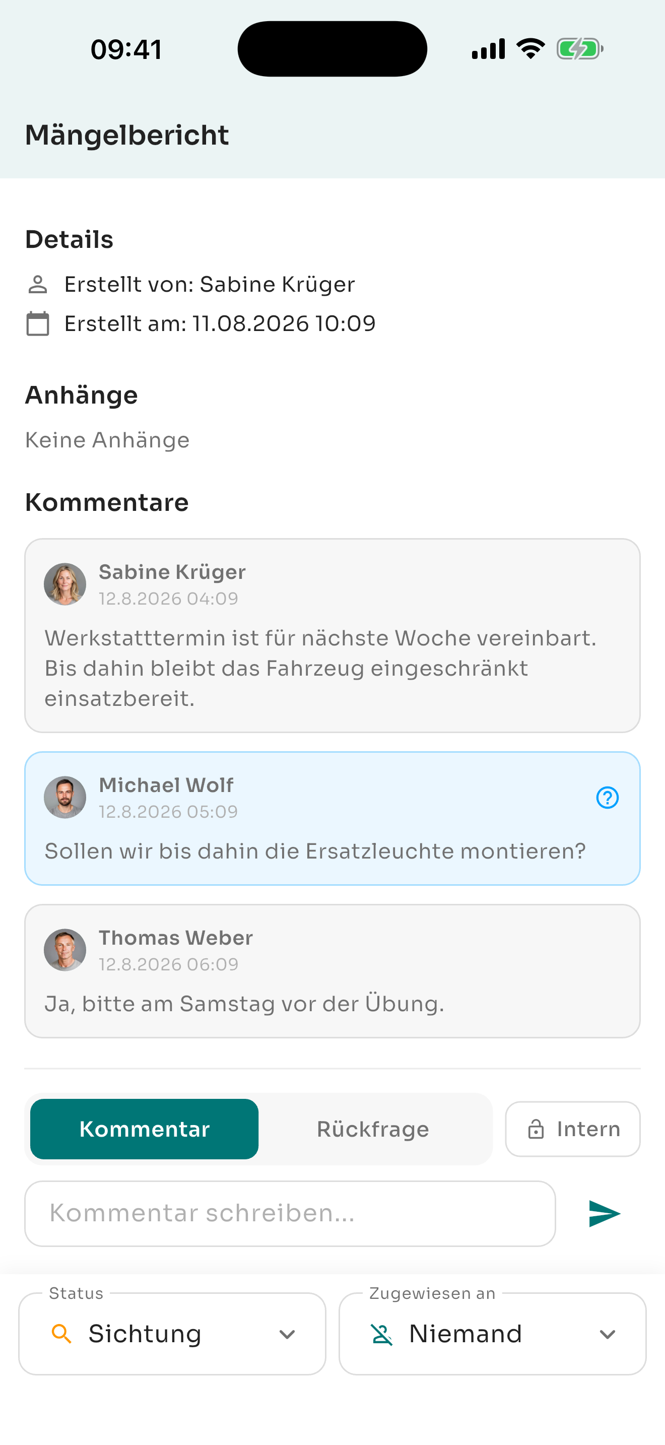 Mobile App — Kommentarfunktion im Mängelbericht
