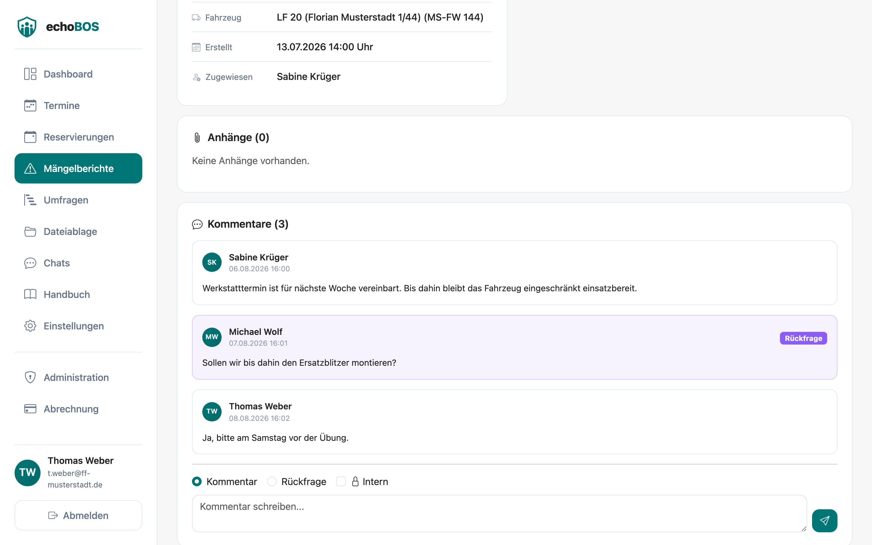 Kommentarbereich eines Mängelberichts mit Diskussionsverlauf