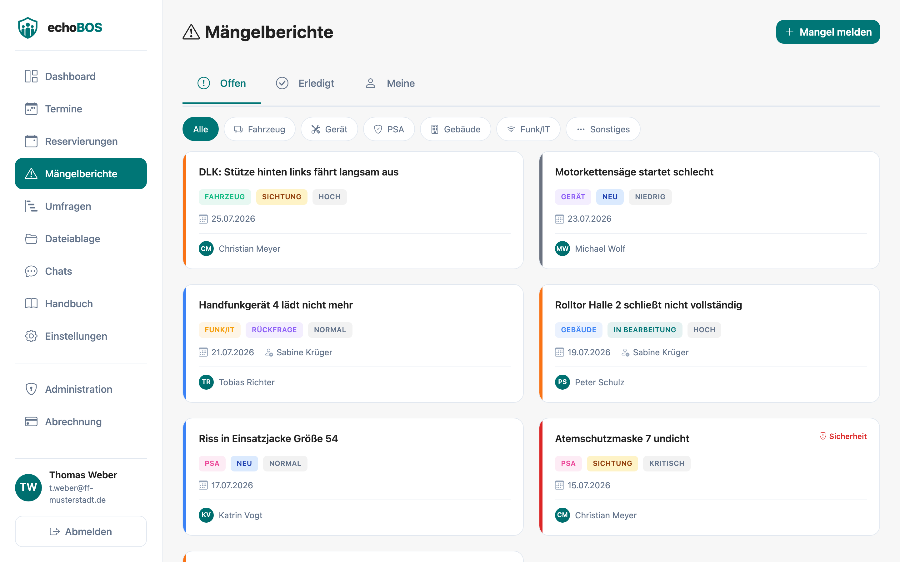 Web-Ansicht -- Mängelbericht-Übersicht mit Filtern und Listenansicht