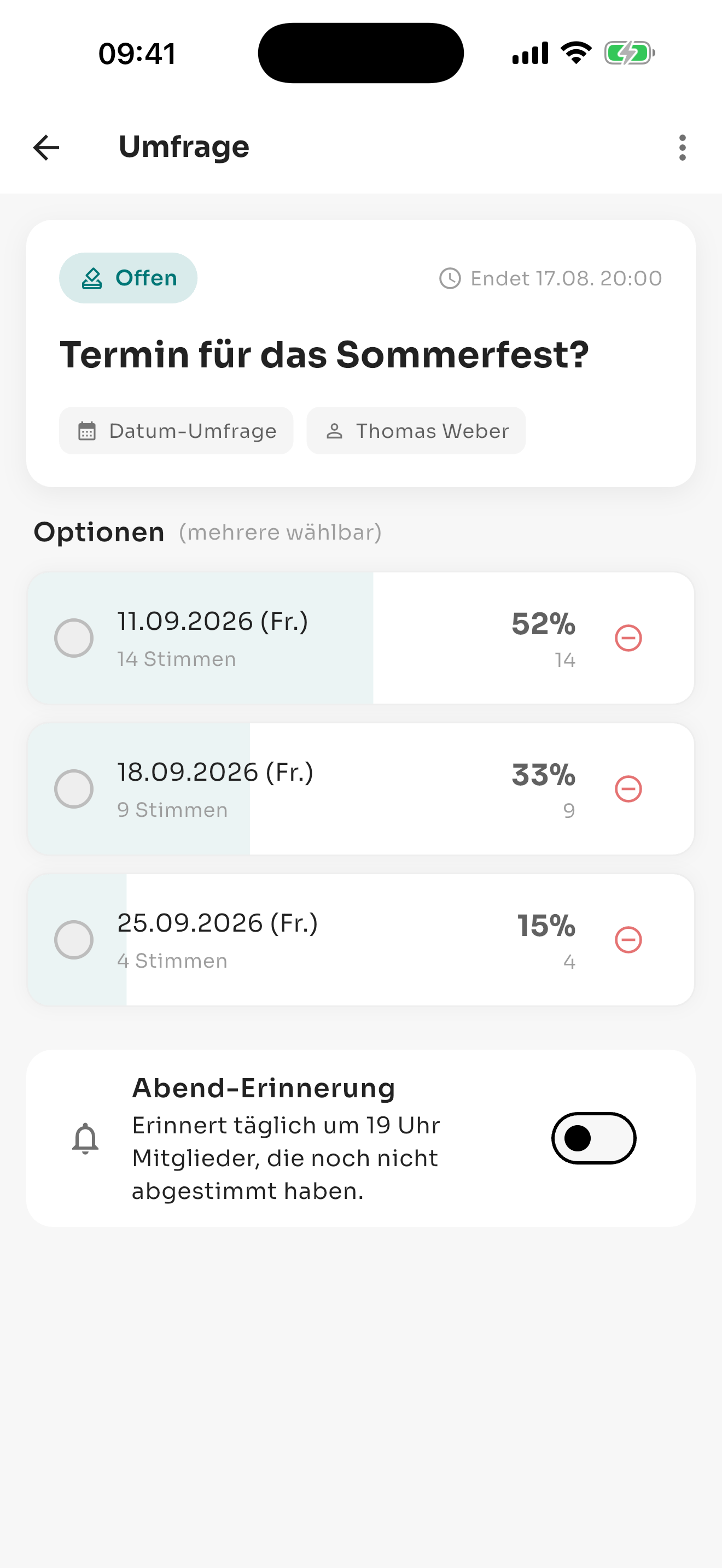 Mobile App — Umfrageergebnis mit Balkendiagramm