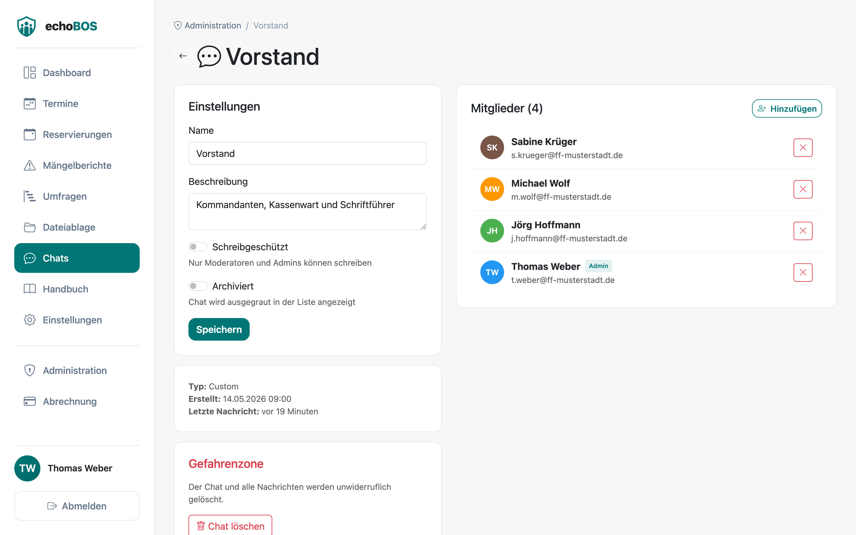 Chat-Info mit Mitgliederliste und Einstellungen