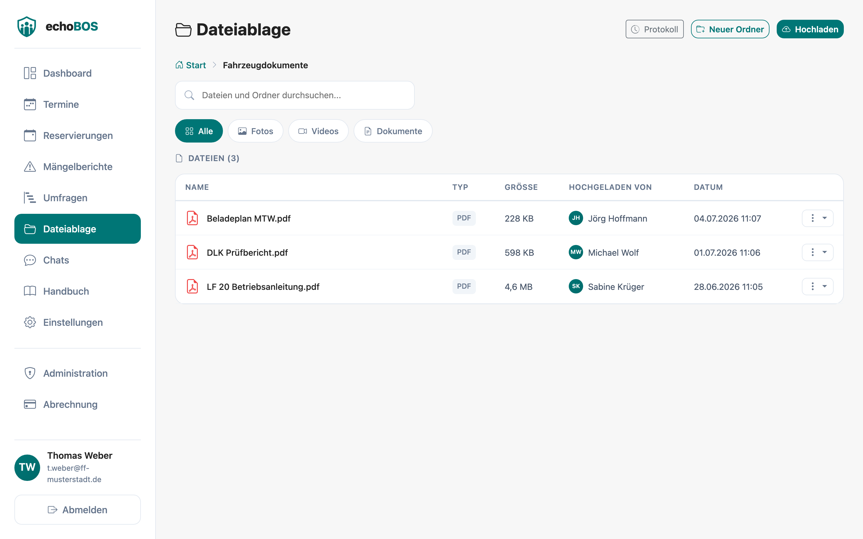 Web-Ansicht — Dateiablage mit Ordnerstruktur und Breadcrumb-Navigation
