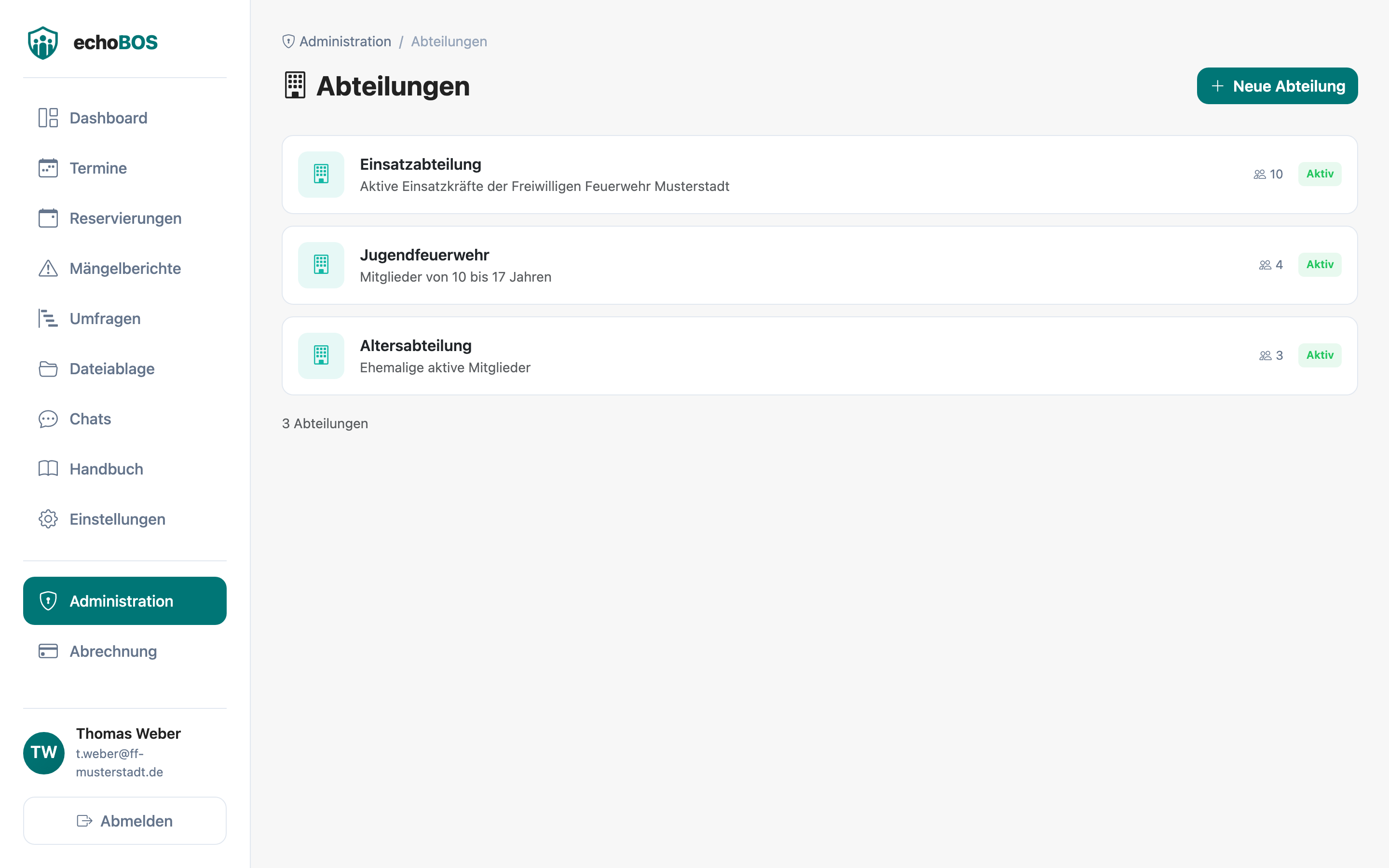 Abteilungsübersicht mit Mitgliederanzahl