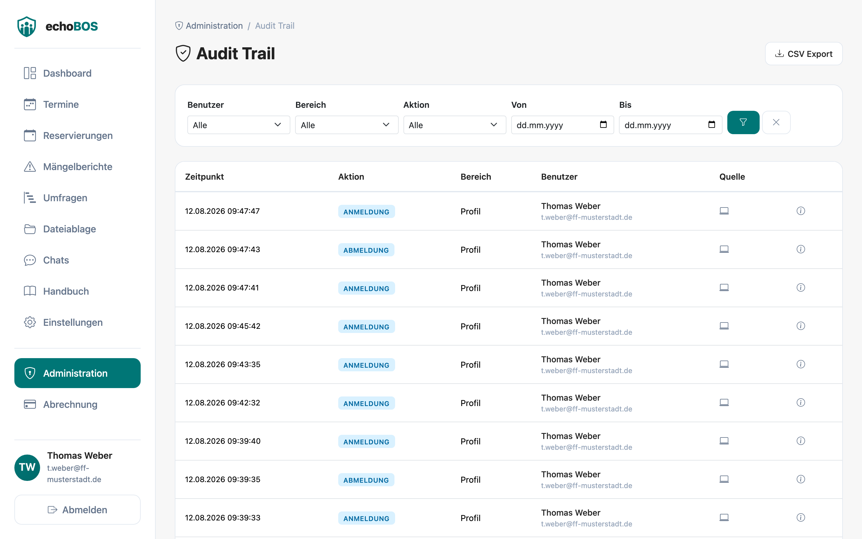 Audit-Trail mit Aktivitätsliste und Filtermöglichkeiten