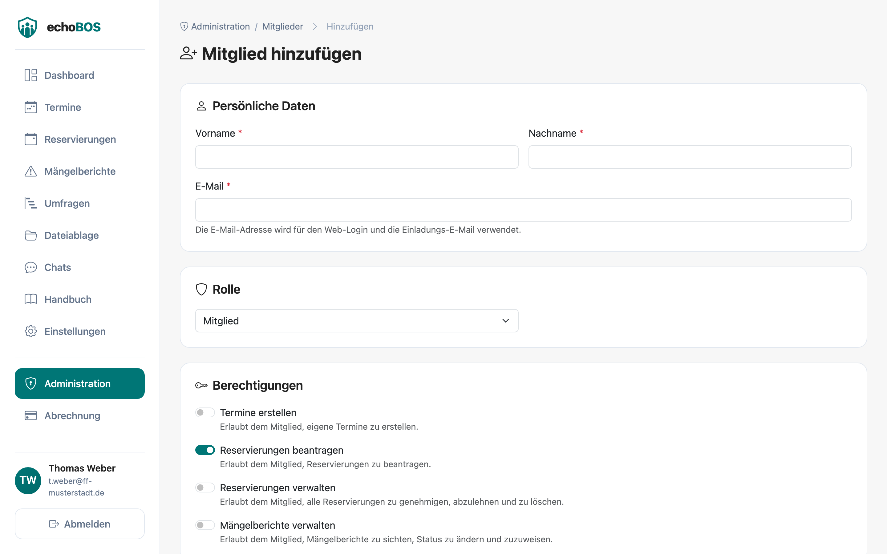 Formular zum Anlegen eines neuen Mitglieds