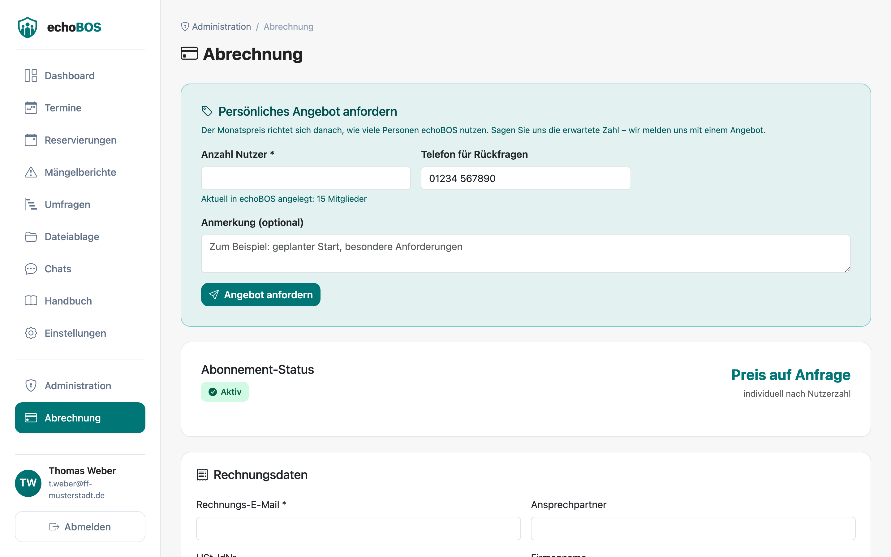 Abrechnungsseite mit aktuellem Status, Abo-Details und Aktionsbuttons