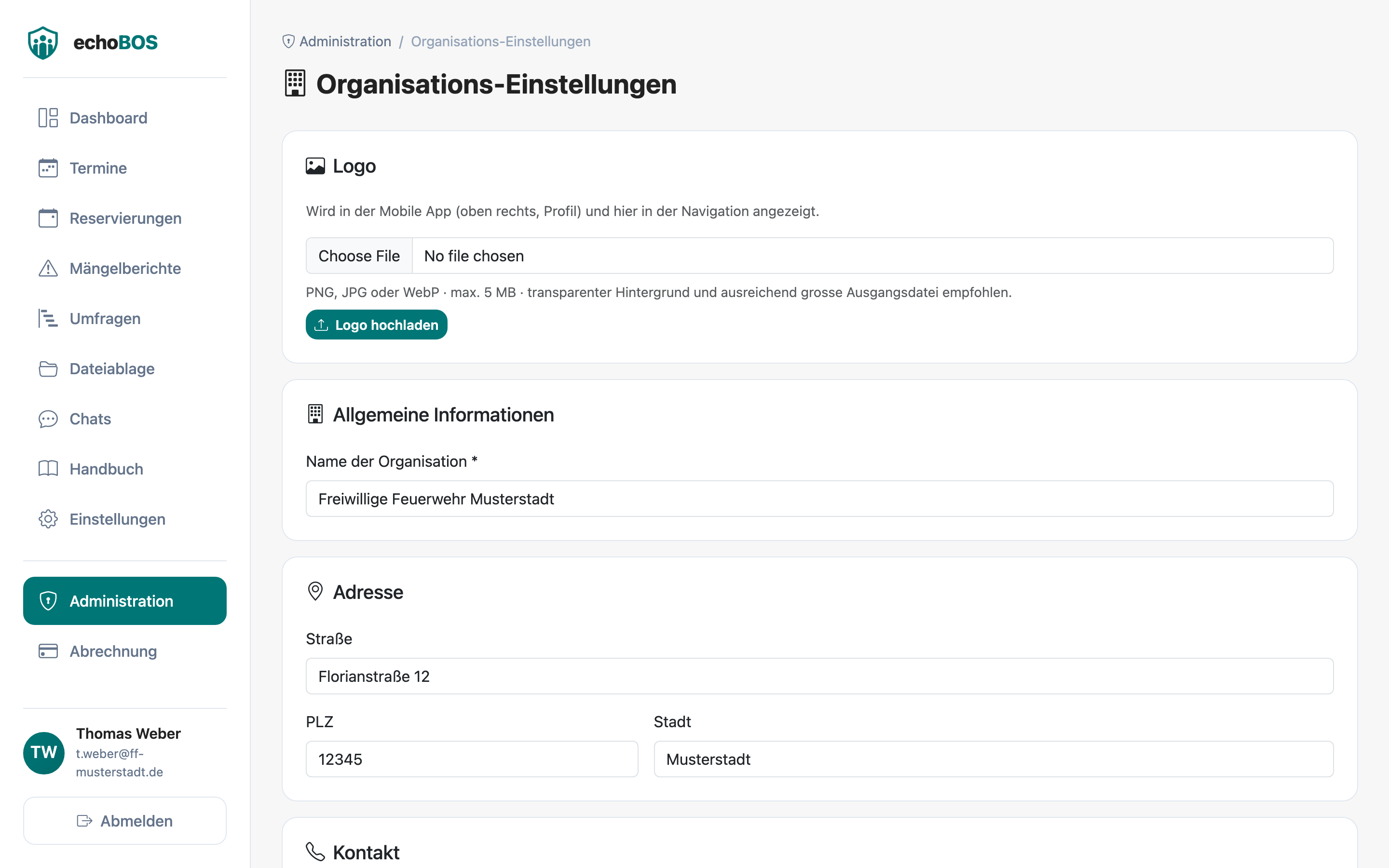 Web-Ansicht — Organisationseinstellungen