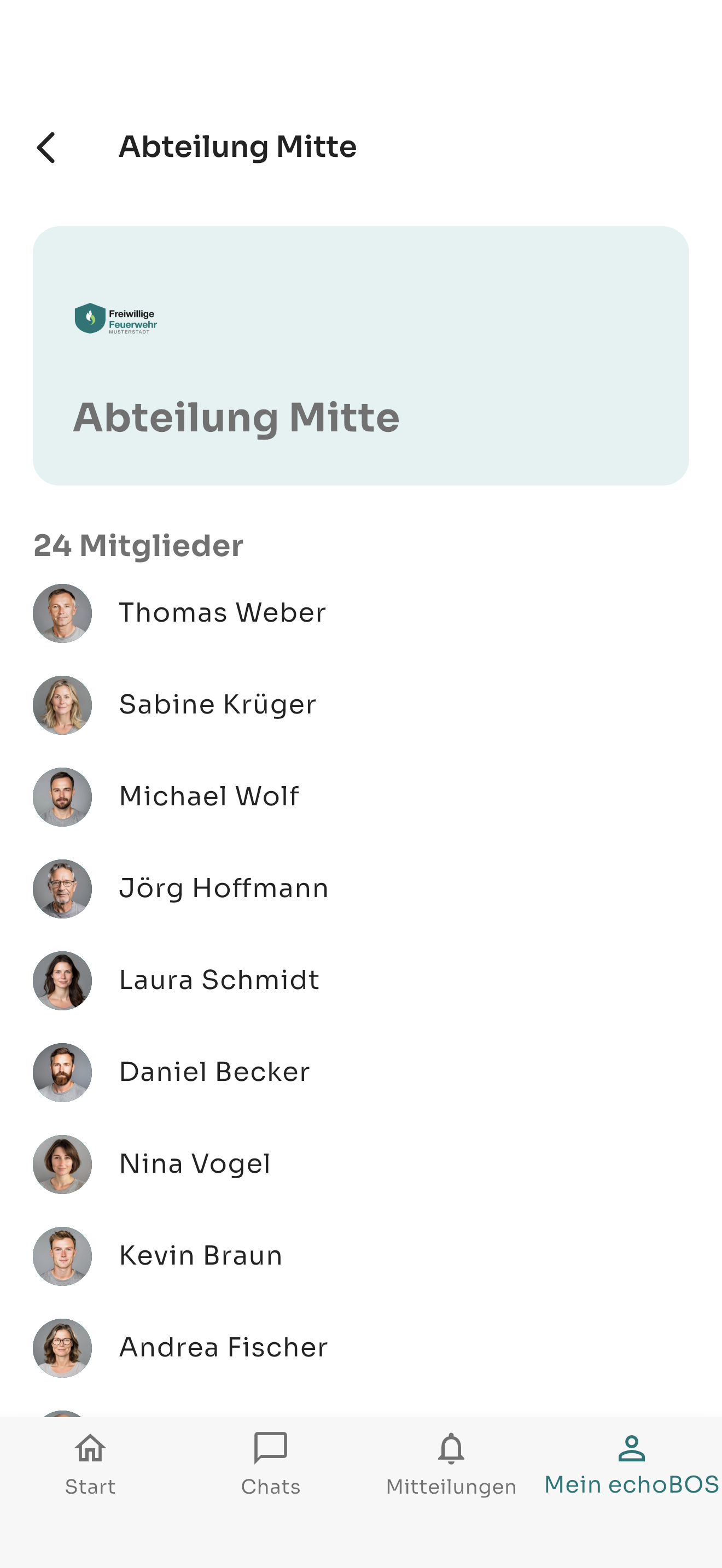 Detailansicht einer Abteilung mit Mitgliedern und Ansprechpersonen