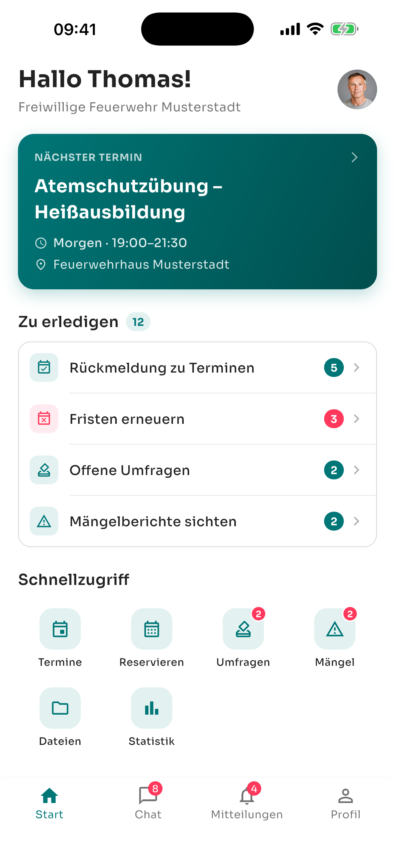 echoBOS App – Startseite mit „Fristen erneuern“ unter „Zu erledigen“