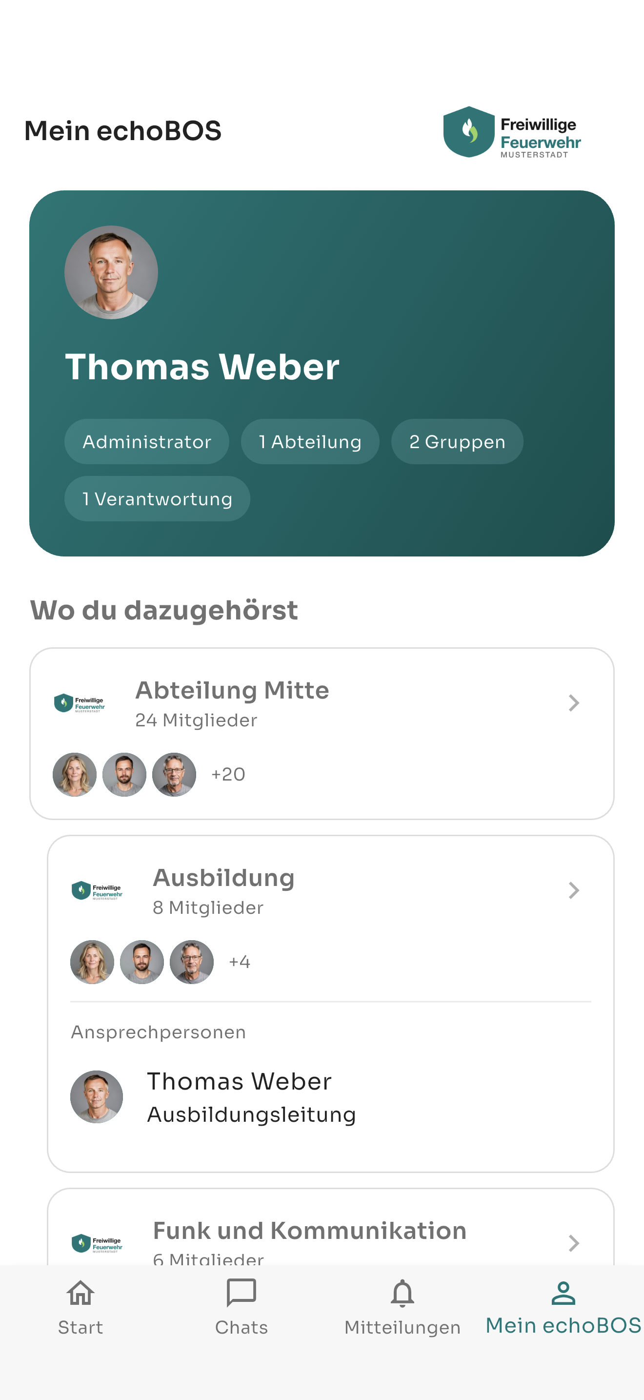 Mein echoBOS in der App mit persönlichen Zugehörigkeiten