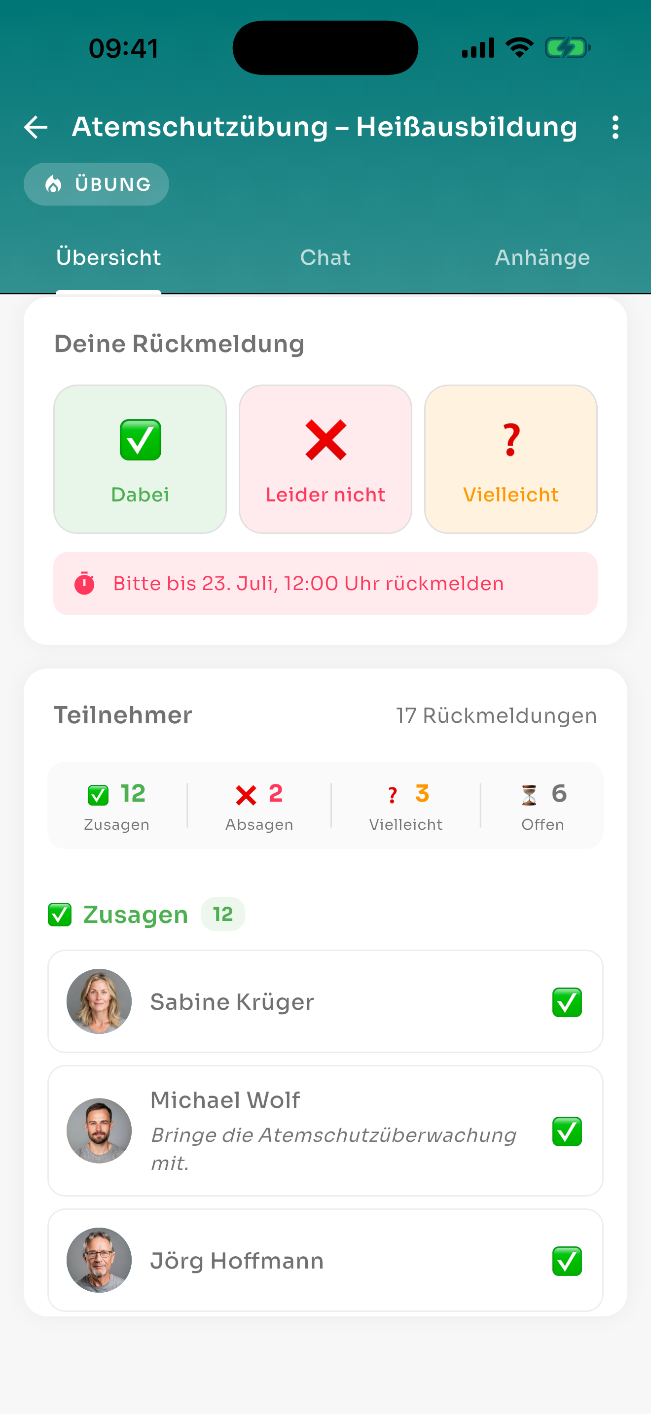 Mobile App — Termin-Detail mit Zusage-Buttons